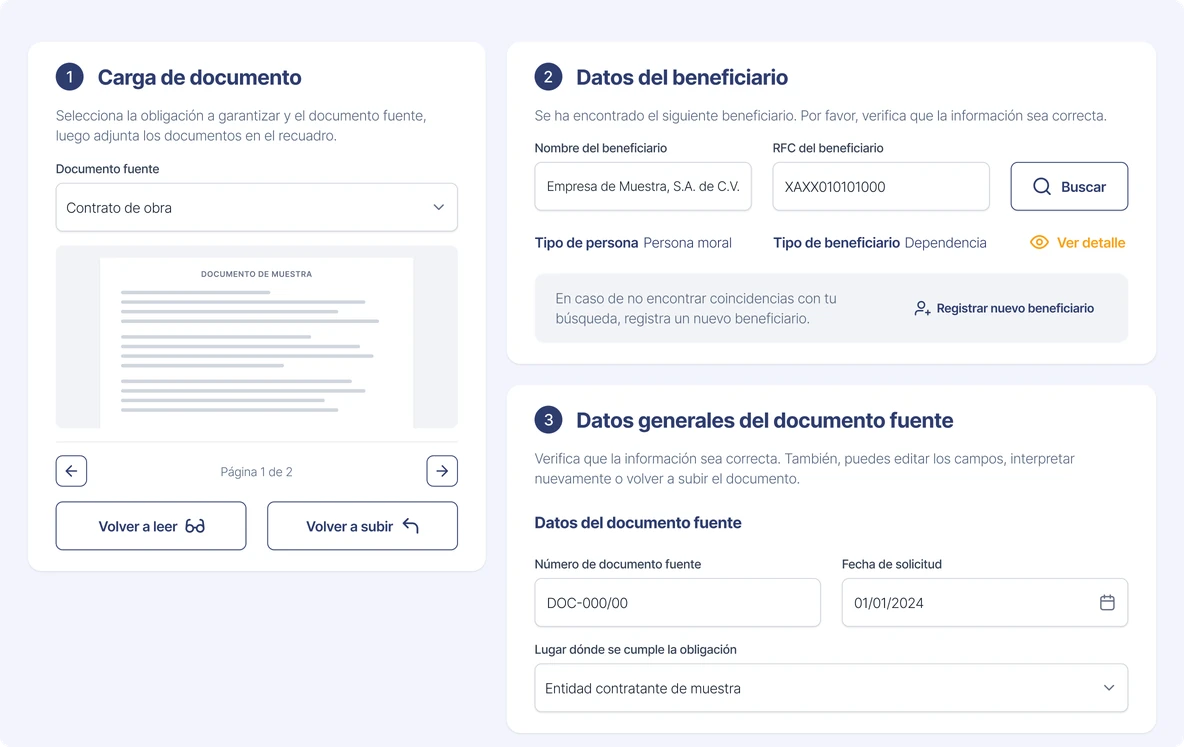 Pantalla de Emisión con un documento fuente de muestra a la izquierda y los datos interpretados del beneficiario y del documento a la derecha, con opciones para volver a leer o volver a subir.