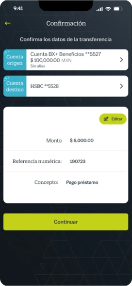 Confirmación de la transferencia con cuentas, monto, referencia y concepto, y opción de editar.