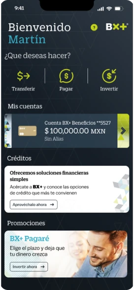 Home de BX+: saludo, accesos a Transferir, Pagar e Invertir, cuenta, créditos y promociones.