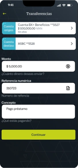 Pantalla de transferencia con cuenta origen, cuenta destino, monto, referencia y concepto.