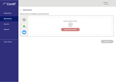 Pantalla «Descuentos» con un área para arrastrar o seleccionar el archivo de contabilidad y el botón «Continuar» deshabilitado.