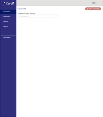 Pantalla de Seguimiento del prototipo de CARDIF: menú lateral con Seguimiento, Movimientos, Usuarios y Reportes, un selector para elegir qué seguir y el botón «Nuevo movimiento».