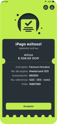 Comprobante de pago exitoso con concepto, tarjeta, autorización, referencia y folio.