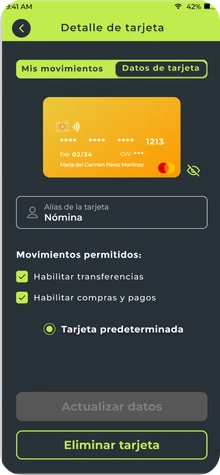 Detalle de tarjeta: alias, movimientos permitidos y opción de tarjeta predeterminada.