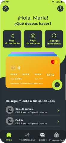 Inicio del prototipo MONI PAY: accesos a pago sin contacto, pago de servicios y recargas, tarjeta activa y seguimiento de solicitudes.
