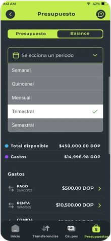 Pantalla de presupuesto con selector de periodo, total disponible y lista de gastos.