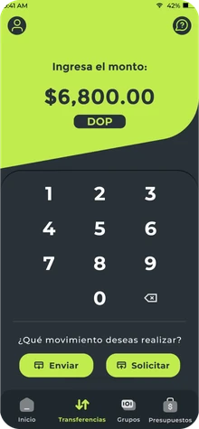 Pantalla para transferir o solicitar dinero: teclado para el monto y botones Enviar y Solicitar.