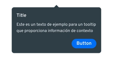 Tooltip Rich con título, texto de ejemplo, botón y la flecha centrada arriba.