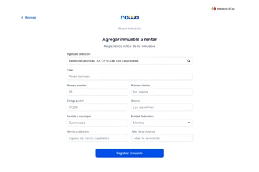Formulario «Agregar inmueble a rentar» con búsqueda de dirección y campos de calle, números, código postal, colonia, municipio, entidad, metros cuadrados y alias.