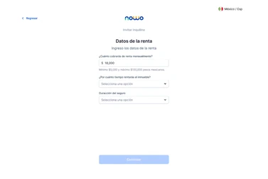 Paso «Datos de la renta» de la invitación: monto mensual con el rango permitido, plazo de renta y duración del seguro.