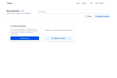 Pantalla «Mis propiedades» de NOWO: una tarjeta de inmueble con el botón «Invitar inquilino» y otra para agregar un nuevo inmueble.