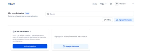 Detalle de «Mis propiedades» en NOWO: tarjeta de inmueble con el botón «Invitar inquilino» y tarjeta para agregar un nuevo inmueble.
